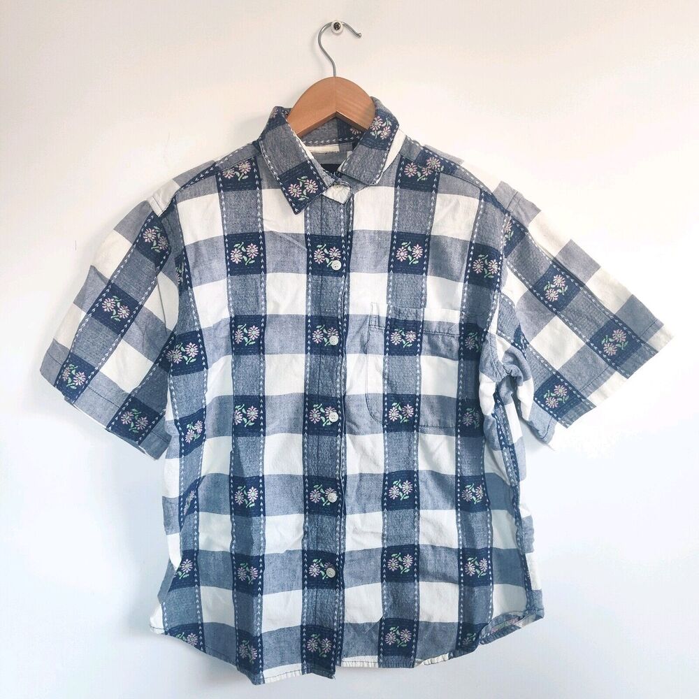 Y2k 90s Shirt Medium Vintage Cotton Blue White Check Short Sleeve‎ Button Down
